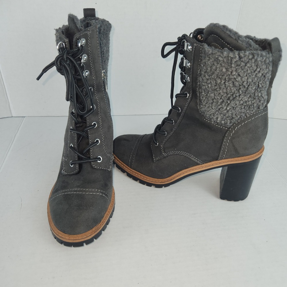 Nine West Womens Grey Suede Shearling Trim Lace Up Combat Boots Block Heel 8M